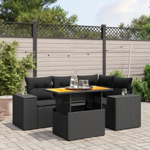 Set de Muebles de Jardín 5 Pzas y Cojines Ratán Sintético Negro