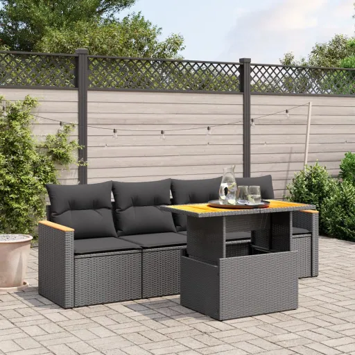 Set de Muebles de Jardín 5 Pzas y Cojines Ratán Sintético Negro