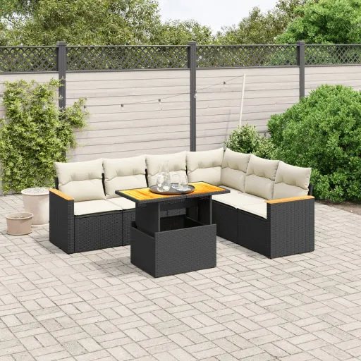 Set de Comedor de Jardín 7 Pzas y Cojines Ratán Sintético Negro