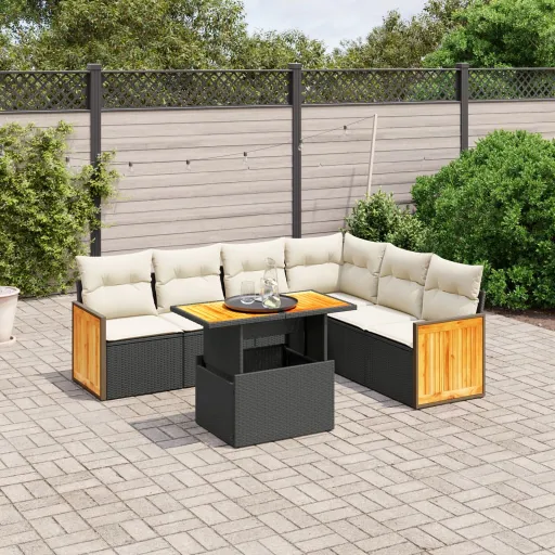 Set de Comedor de Jardín 7 Pzas y Cojines Ratán Sintético Negro
