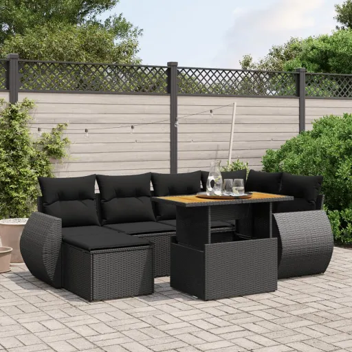 Set de Comedor de Jardín 7 Pzas y Cojines Ratán Sintético Negro