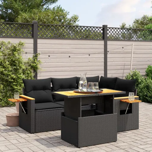 Set de Muebles de Jardín 5 Pzas y Cojines Ratán Sintético Negro