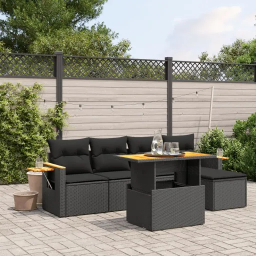 Set de Sofás de Jardín 6 Piezas y Cojines Ratán Sintético Negro