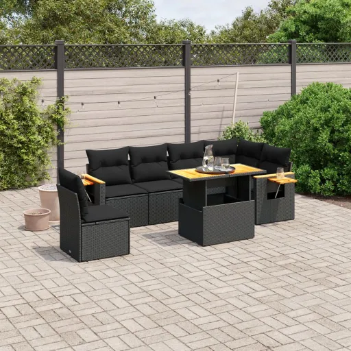 Set de Comedor de Jardín 7 Pzas y Cojines Ratán Sintético Negro