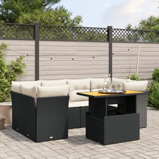 Set de Comedor de Jardín 7 Pzas y Cojines Ratán Sintético Negro