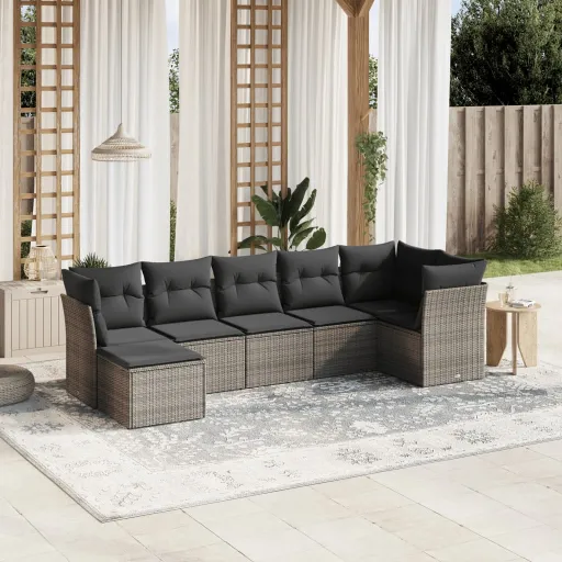 Set de Sofás de Jardín 7 Piezas Con Cojines Ratán PE Gris