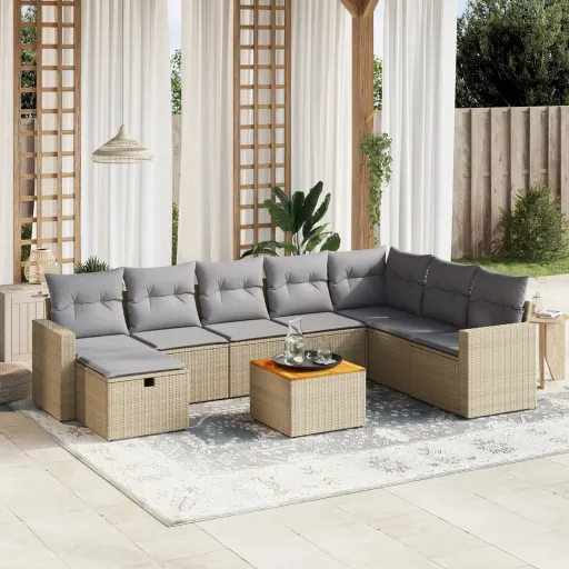 Juego de Sofás Jardín Con Cojines Beige Mezcla 9 Pzas Ratán PE