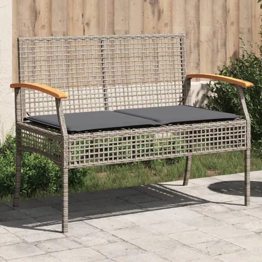 Banco de Jardín Con Cojín Ratán Sintético Gris y Madera Acacia