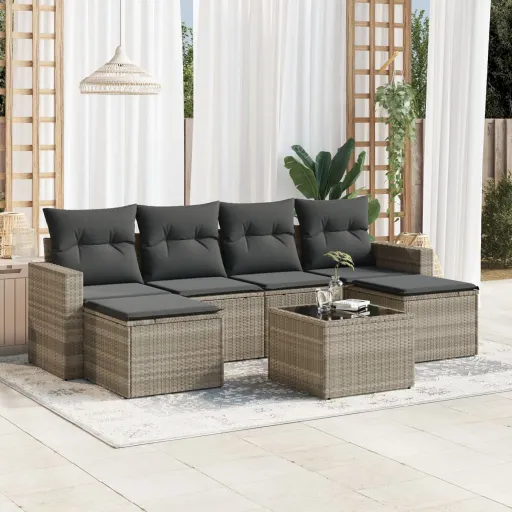 Set de Sofás de Jardín 7 Pzas Con Cojines Ratán PE Gris Claro