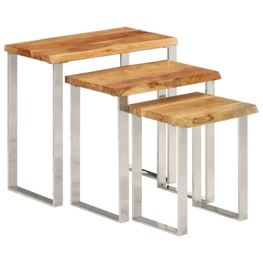 Set de 3 Mesas Apilables Con Borde Natural Madera Maciza Acacia