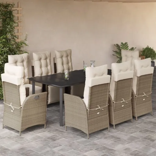 Set Comedor de Jardín 9 Pzas Con Cojines Ratán Sintético Beige