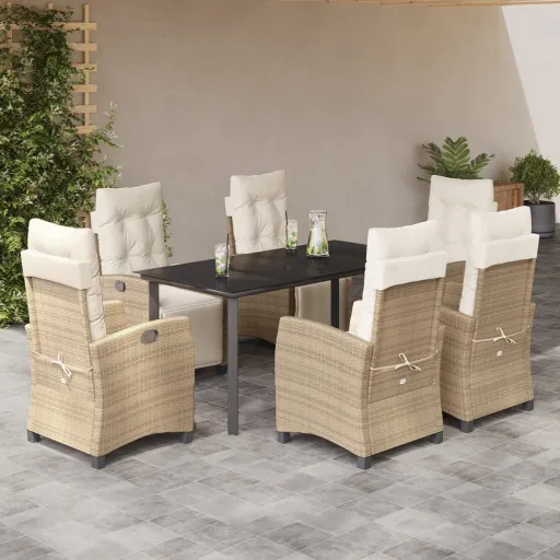 Set Comedor de Jardín 7 Pzas Con Cojines Ratán Sintético Beige