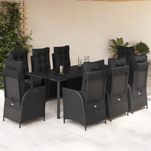 Set de Comedor de Jardín 9 Pzas y Cojines Ratán Sintético Negro