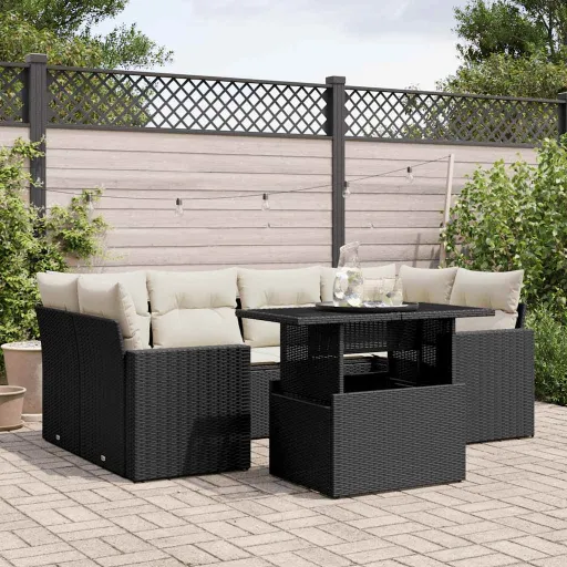 Set de Sofás de Jardín 7 Pzas Con Cojines Ratán Sintético Negro