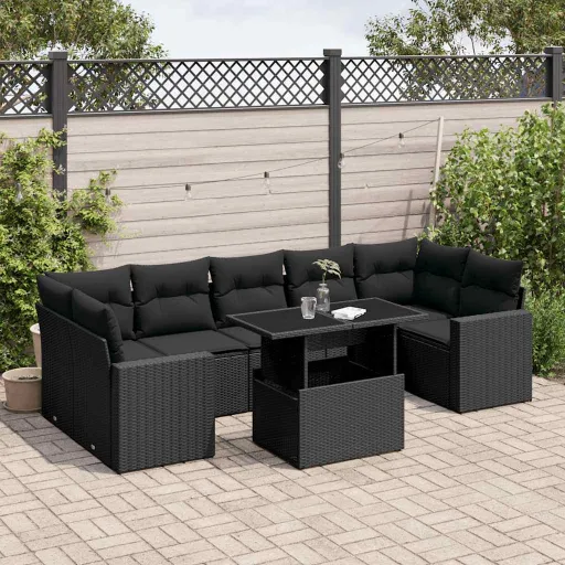 Set de Sofás de Jardín 8 Piezas y Cojines Ratán Sintético Negro