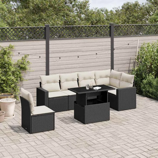 Set de Sofás de Jardín 7 Pzas Con Cojines Ratán Sintético Negro