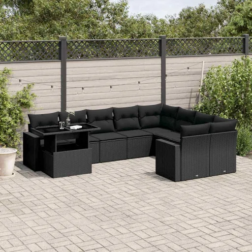 Set de Sofás de Jardín 10 Pzas Cojines Ratán Sintético Negro
