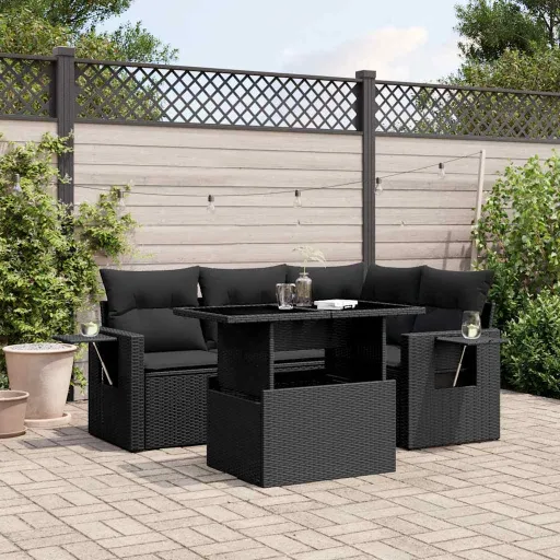 Set de Muebles de Jardín 5 Pzas y Cojines Ratán Sintético Negro