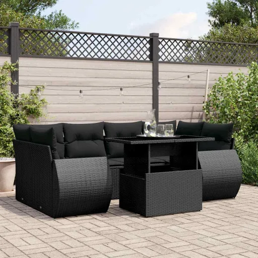 Set de Sofás de Jardín 7 Pzas Con Cojines Ratán Sintético Negro