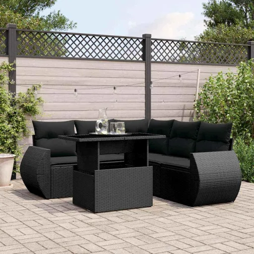 Set de Sofás de Jardín 6 Piezas y Cojines Ratán Sintético Negro