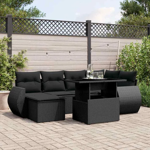 Set de Sofás de Jardín 7 Pzas Con Cojines Ratán Sintético Negro