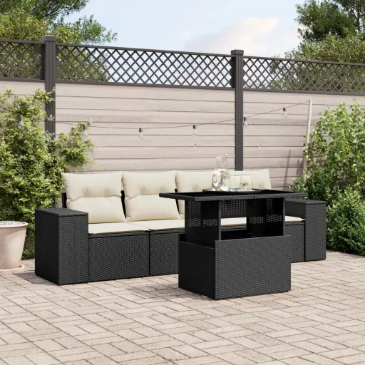Set de Muebles de Jardín 5 Pzas y Cojines Ratán Sintético Negro
