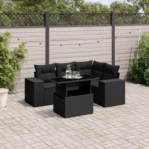 Set de Muebles de Jardín 5 Pzas y Cojines Ratán Sintético Negro