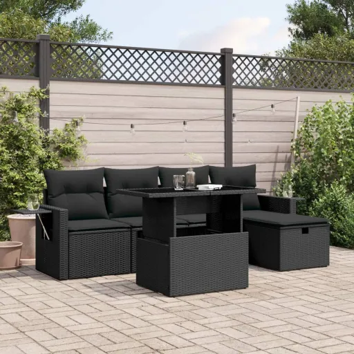 Set de Sofás de Jardín 6 Piezas y Cojines Ratán Sintético Negro