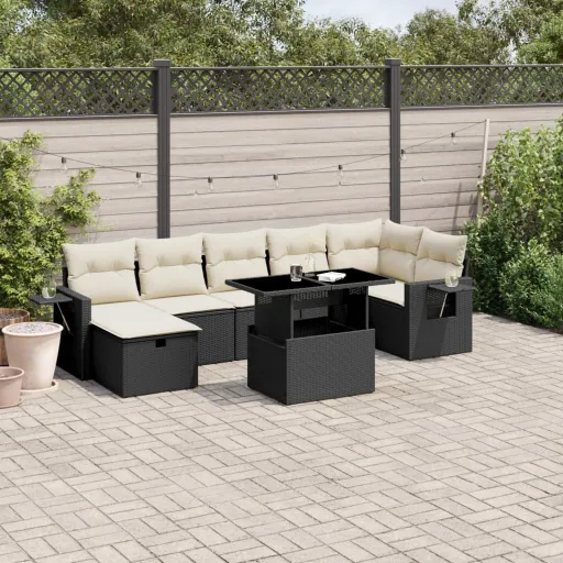 Set de Sofás de Jardín 8 Piezas y Cojines Ratán Sintético Negro