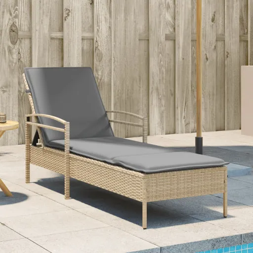 Tumbona Con Cojín Ratán Sintético Beige 63x200x81 cm