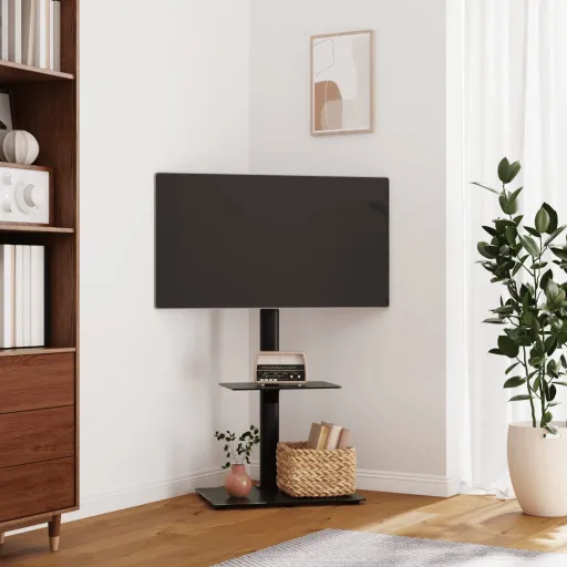 Mueble de TV de Esquina 2 Niveles Para 32-65 Pulgadas Negro