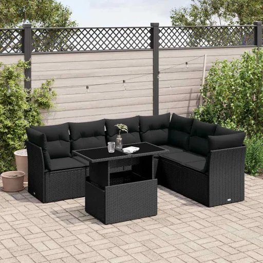 Set de Sofás de Jardín 7 Pzas Con Cojines Ratán Sintético Negro