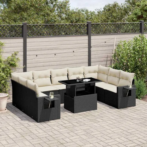 Set de Sofás de Jardín 10 Pzas Cojines Ratán Sintético Negro