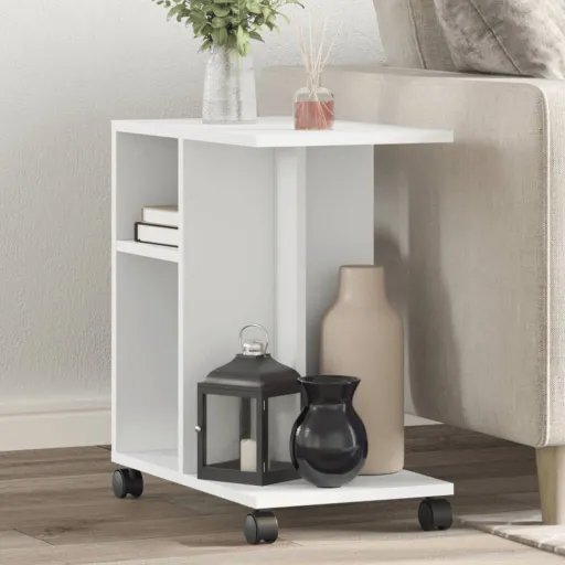 Mesa Auxiliar Con Ruedas Madera Ingeniería Blanco 50x30x55 cm