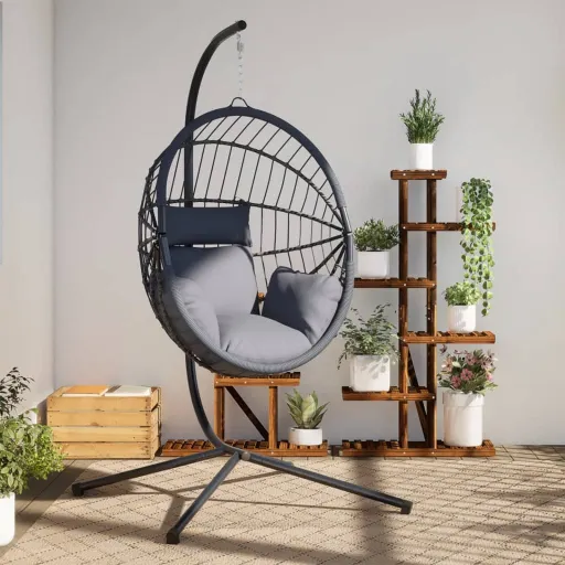 Silla Colgante Huevo Con Soporte Ratán y Acero Gris Claro