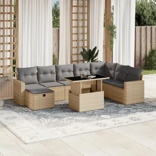 Set de Sofás de Jardín 9 Pzas Con Cojines Ratán Sintético Beige