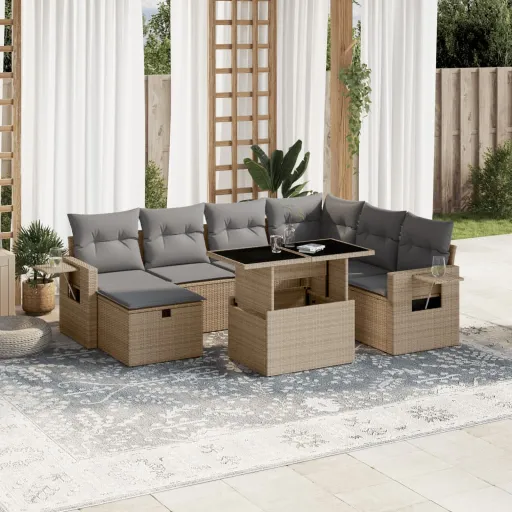 Set de Sofás de Jardín y Cojines 8 Piezas Ratán Sintético Beige