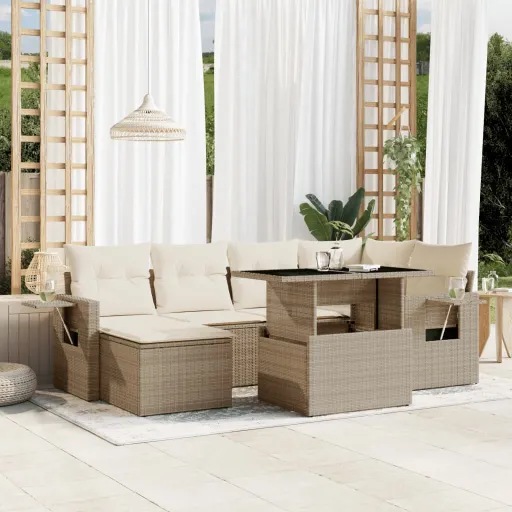 Set Sofás de Jardín 7 Piezas y Cojines Ratán Sintético Beige