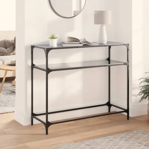 Mesa Consola Con Superficie de Vidrio Negro Acero 98x35x81 cm