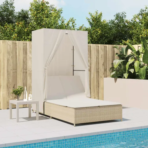 Tumbona Doble Con Techo y Cortinas Ratán Sintético Beige