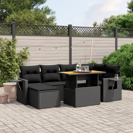 Set de Comedor de Jardín 7 Pzas y Cojines Ratán Sintético Negro