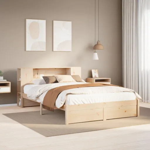 Cama Con Estantería Sin Colchón Madera Maciza de Pino 140x190cm