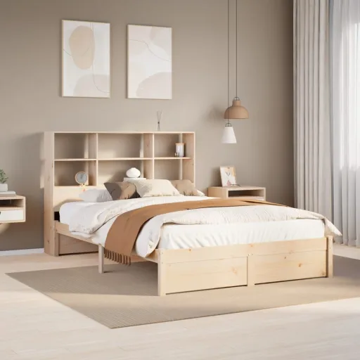 Cama Con Estantería Sin Colchón Madera Maciza de Pino 150x200cm