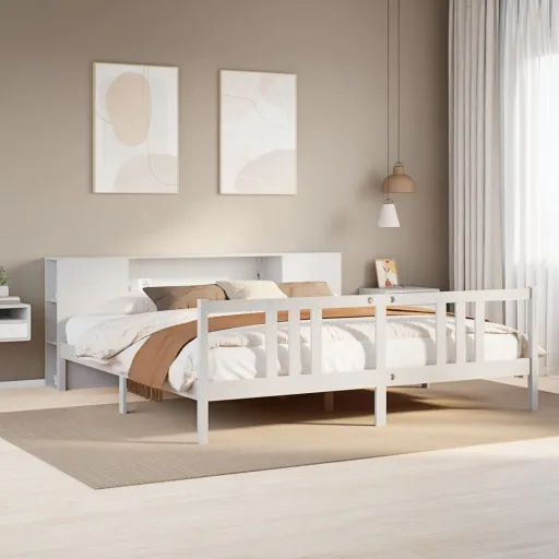 Cama Con Estantería Sin Colchón Madera Maciza Blanca 200x200 cm