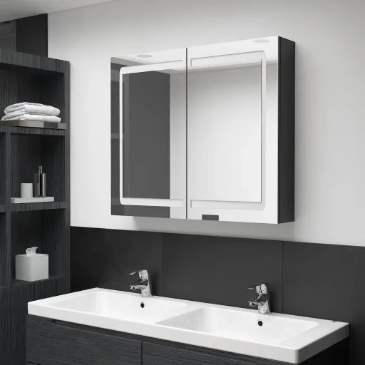 Armario de Baño Con Espejo LED Negro Brillante 80x12x68 cm