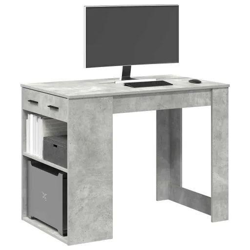 Escritorio Con Cajón Estante Madera Contrachapada Gris Hormigón