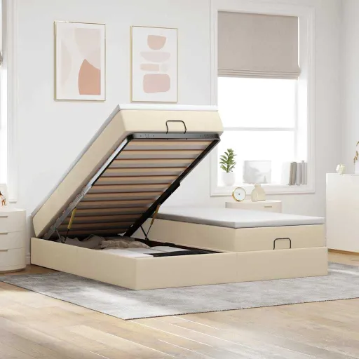 Estructura de Cama Otomana Con Colchones Tela Crema 160x200cm