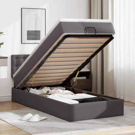 Estructura Cama Otomana Colchón Cuero Sintético Gris 90x200 cm
