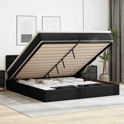 Estructura de Cama Otomana Con Colchones Cuero Sintético Negro