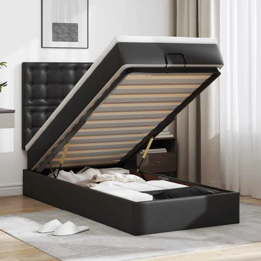Estructura Cama Otomana Colchón Cuero Sintético Negra 80x200cm